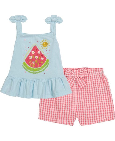 Baby Girls Flounce-Hem Tank Top and Checkered French Terry Shorts
