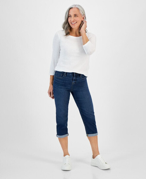 Petite Mid-Rise Curvy Roll-Cuff Capri Jeans, Created for Macy's