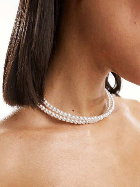 ASOS DESIGN torque choker with wraparound faux pearl design