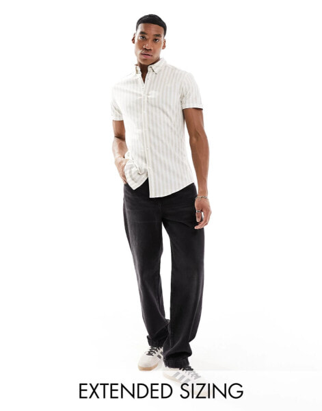 ASOS DESIGN stretch slim oxford stripe shirt in stone