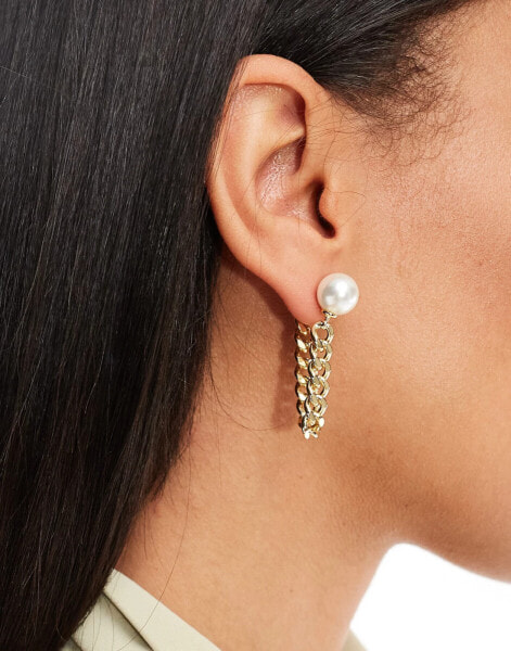 & Other Stories earrings with faux pearl studs and drop chain in gold