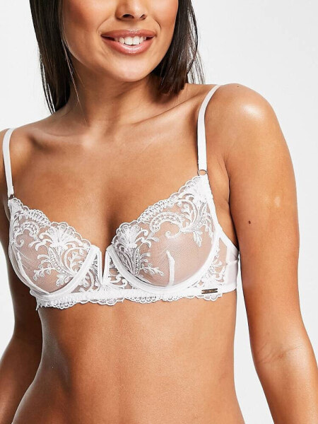 Bluebella Marseille bridal embroidered mesh non padded balconette bra with V wire detail in white