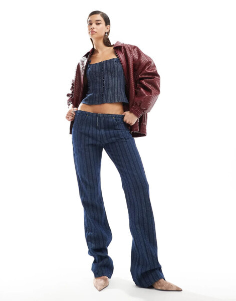 Lioness denim low rise flared leg jeans co-ord in dark blue pinstripe