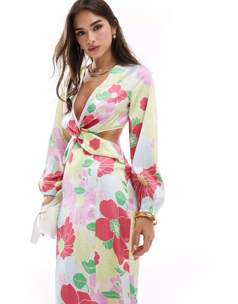 YAS satin cut out midaxi dress in pink retro floral - MULTI