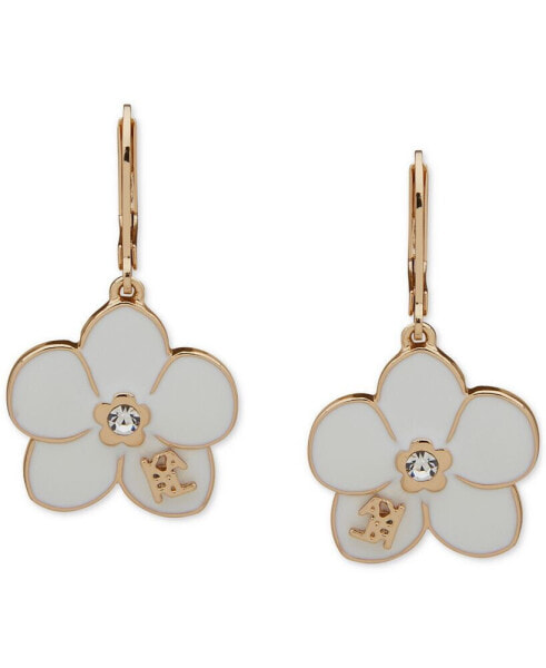 Gold-Tone Pavé White Flower Logo Drop Earrings