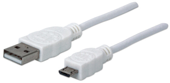 Manhattan USB-A to Micro-USB Cable - 1m - Male to Male - White - 480 Mbps (USB 2.0) - Equivalent to USBPAUB1MW - Hi-Speed USB - Lifetime Warranty - Polybag - 1 m - USB A - Micro-USB B - USB 2.0 - Male/Male - White