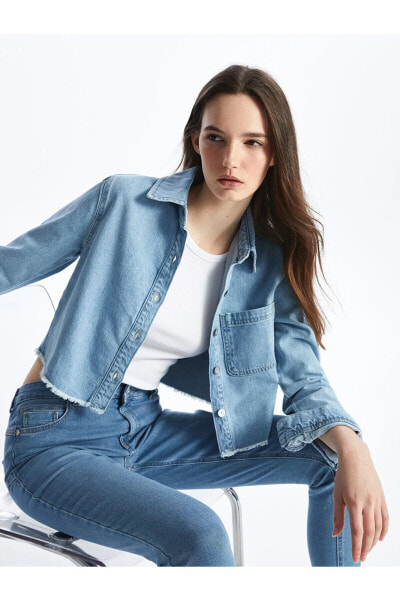 Gömlek Yaka Düz Uzun Kollu Crop Kadın Jean Ceket