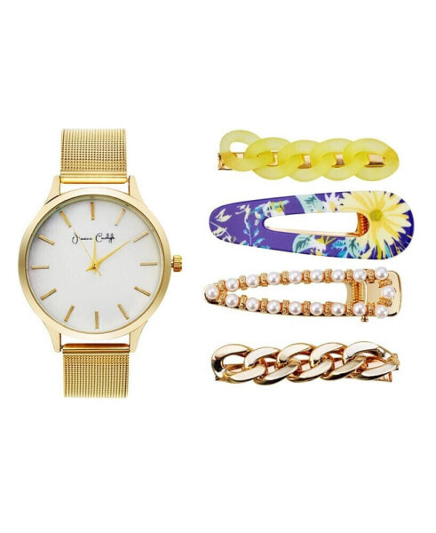 Jessica Carlye Women's Quartz Movement Gold-Tone Mesh Bracelet Analog Watch, 36mm with Hair Pin Set