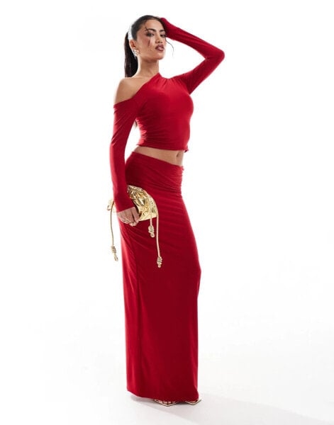 Kaiia slinky ruched folded waist column maxi skirt co-ord in red