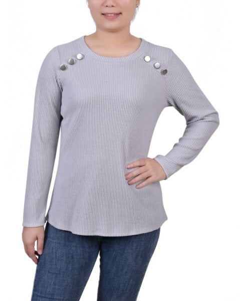 Petite Long Sleeve Ribbed Button Detail Top