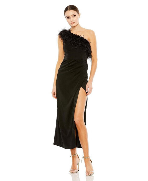 Women's Feather Trim One Shoulder Draped Dress