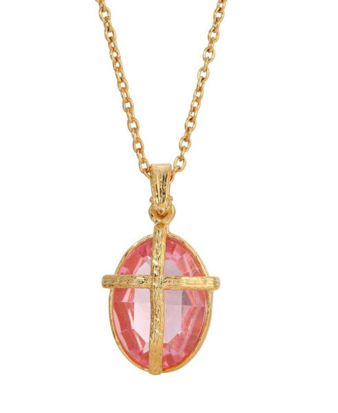 Symbols of Faith 14K Gold Dipped Light Pink Oval Stone Crystal Cross Necklace