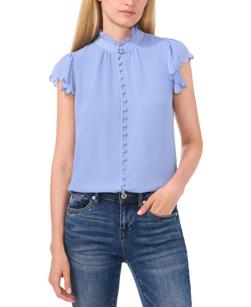 Women's Scalloped Flutter-Sleeve Button-Down Blouse