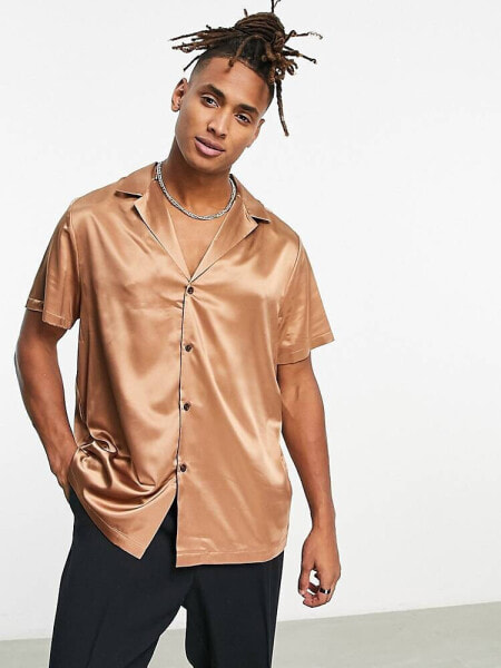 ASOS DESIGN relaxed satin shirt with deep revere collar  in light brown