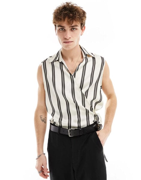 ASOS DESIGN boxy relaxed deep revere wrap tie shirt in satin stripe