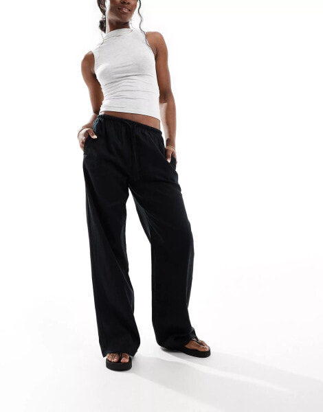 Bershka tie waist wide leg linen trousers in black