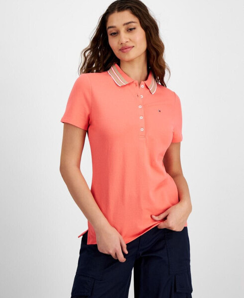 Women's Stripe-Collar Shirt-Sleeve Polo Shirt