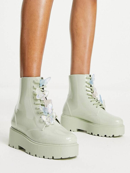 ASOS DESIGN Guava butterfly lace up wellies in mint green