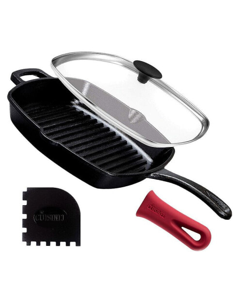 Cast Iron Square Grill Pan with Glass Lid - 10.5 Inch Pre-Seasoned Skillet