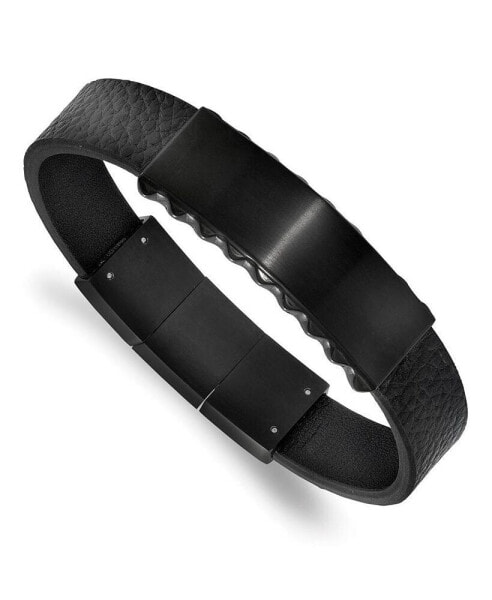 Stainless Steel Black IP-plated Textured Leather ID Bracelet