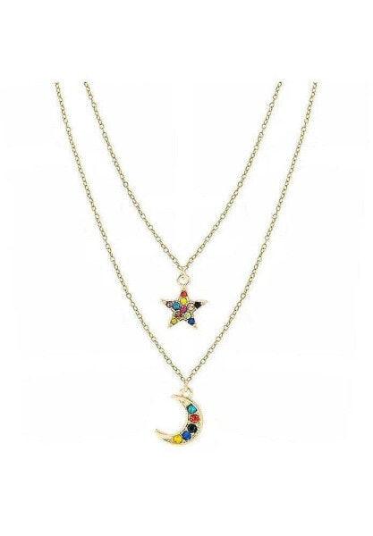 Moon and Star Necklace with Rainbow Cubic Zirconia Stones