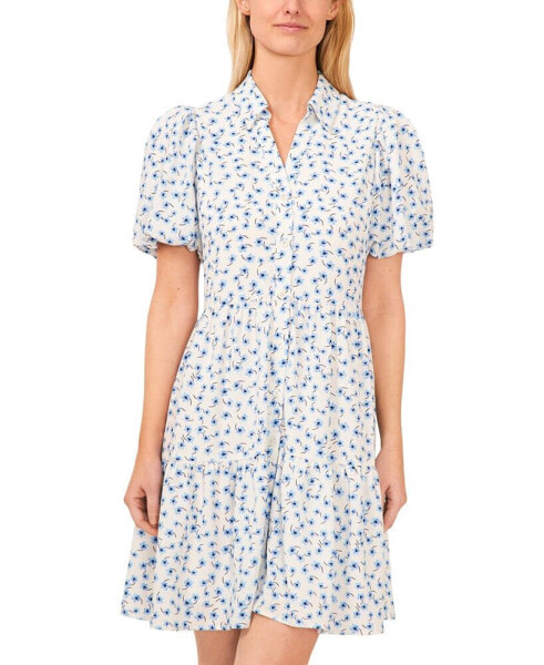 Women's Floral Print Balloon Sleeve Babydoll Shirtdress