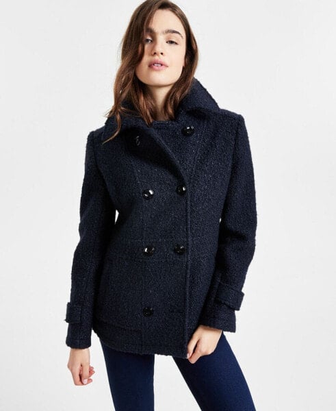 Juniors' Short Bouclé Double-Breasted Peacoat