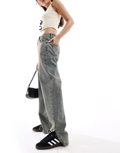 Sixth June low rise dirty wash wide leg jeans with split hem in blue