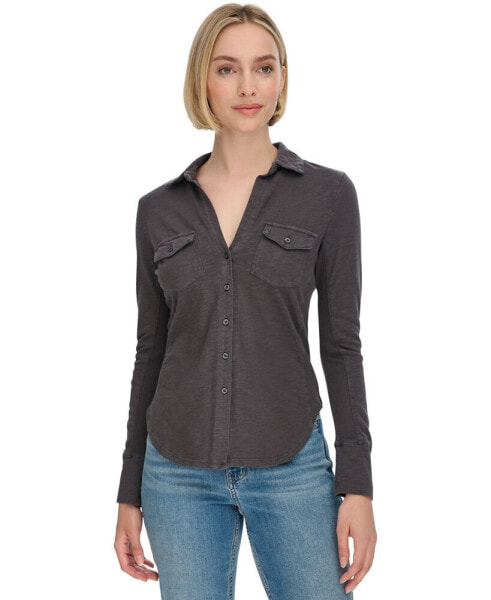 Petite Collared Button-Front Cotton Shirt