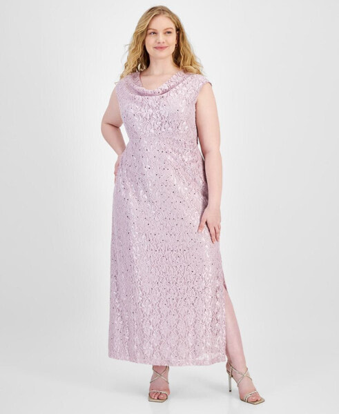 Plus Size Sequined Lace Draped-Neck Gown