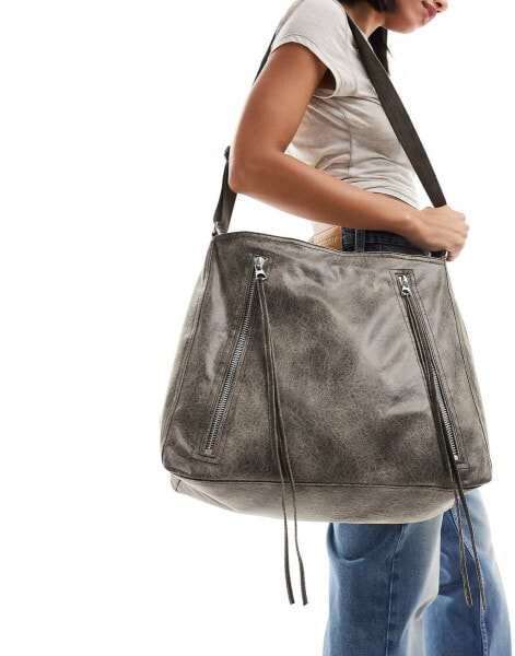 Weekday Zip distressed cross body bag with zips in black