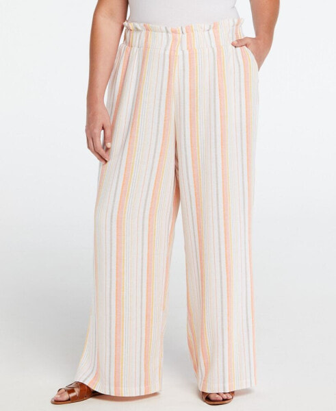 Plus Size Linen Blend Pull-On Wide Leg Pant with Side Slit