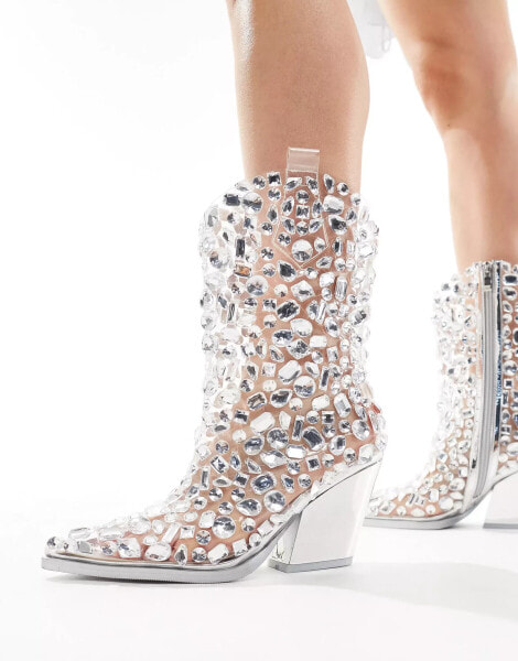 Azalea Wang Gemmy embellished western ankle boots in silver