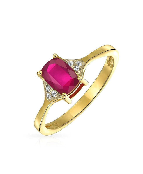 2.34CT Genuine Gemstone Birthstones Zircon Accent Red Created Ruby Emerald Cut Cocktail Engagement Ring Yellow 14K Gold Plated .925 Sterling Silver