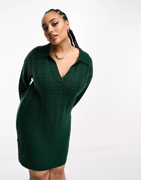 Brave Soul Plus ribbed polo collar knitted midi dress in forest green