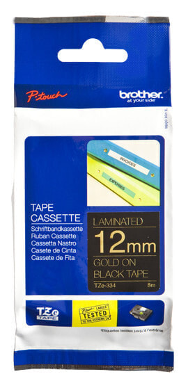 Brother Laminated tape 12mm - Gold on black - TZe - Thermal transfer - Brother - PT-1280HK - PT-1280SN - PT-1280KT - PT-D200HK - PT-1100SN - PT-1100KT - PT-2100VP - PT-2730 - PT-7600,... - 1.2 cm