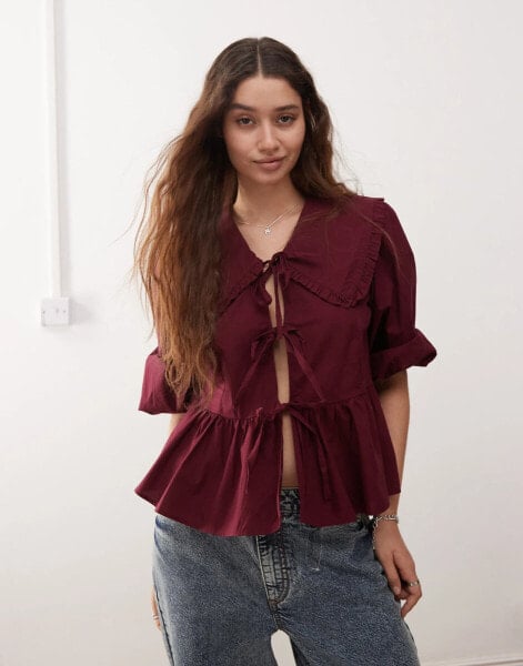 Monki long sleeve frill collared peplum blouse in burgundy