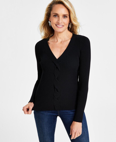 Women's Ribbed Cable-Front V-Neck Sweater, Created for Macy's