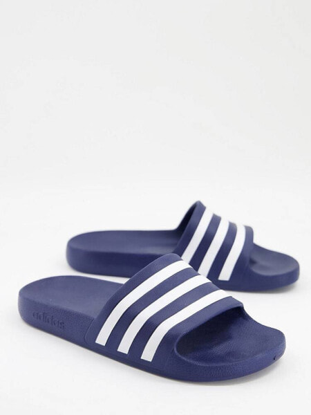 adidas Swim Adilette white stripe sliders in navy