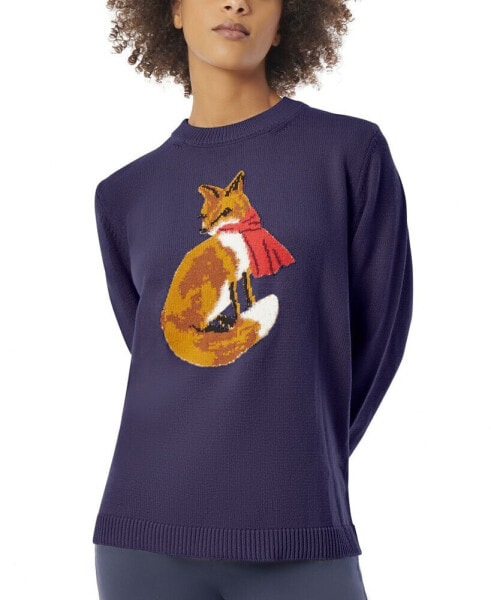 Petite Fox Crewneck Ribbed-Hem Sweater