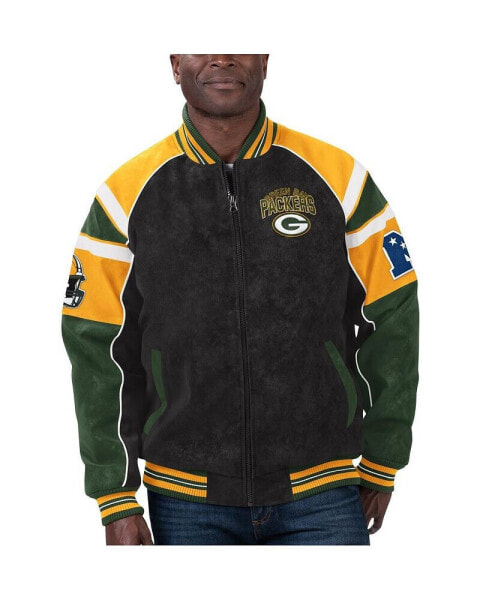 Men's Black Green Bay Packers Faux Suede Raglan Full-Zip Varsity Jacket