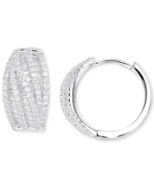 Cubic Zirconia Round & Baguette Swirl Small Hoop Earrings in Sterling Silver, 0.59"