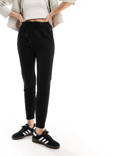 Vero Moda jersey tie waist tapered trousers in black