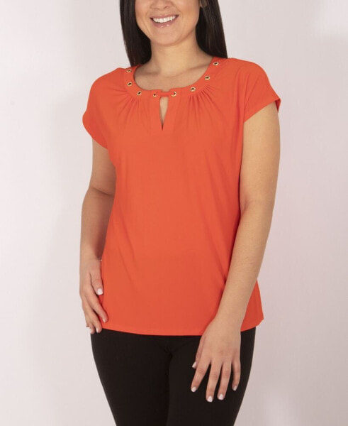 Plus Size Short Sleeve Jewel Neck Top with Grommets