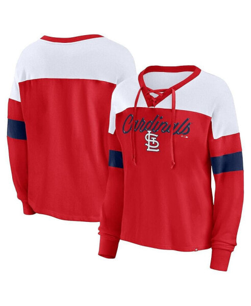 Women's Red, White St. Louis Cardinals Even Match Lace-Up Long Sleeve V-Neck T-shirt