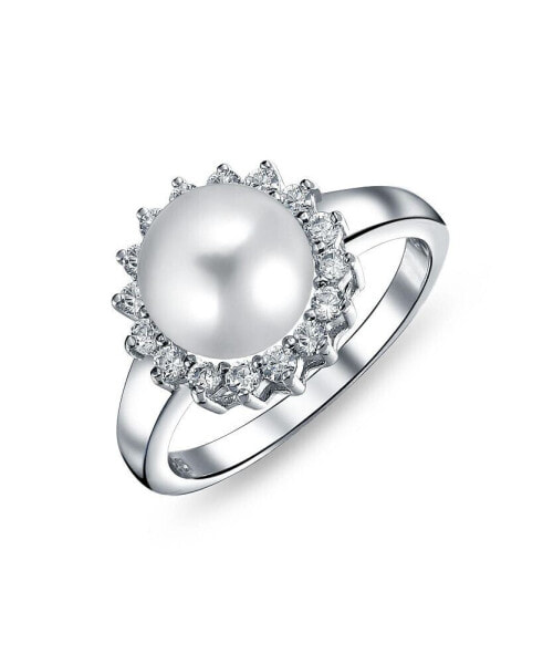 Traditional Timeless Wedding CZ Halo Solitaire Simulated White Pearl Cocktail Engagement Ring For Women .925 Sterling Silver