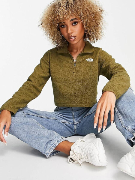 The North Face cropped 1/4 zip sherpa fleece in khaki Exclusive at ASOS