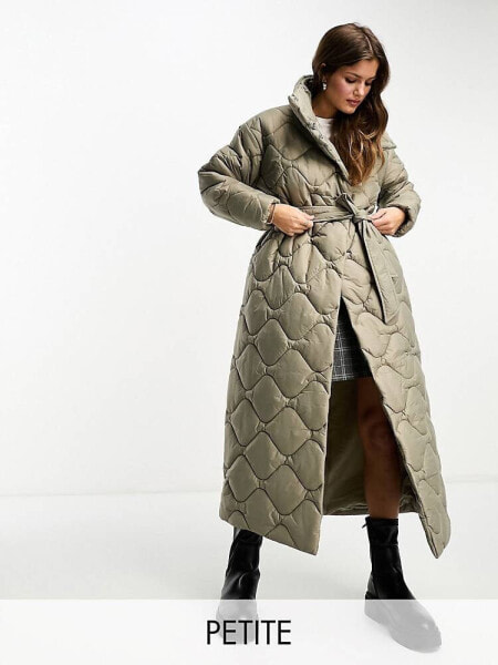 Vero Moda Petite quilted high neck maxi puffer coat in stone 