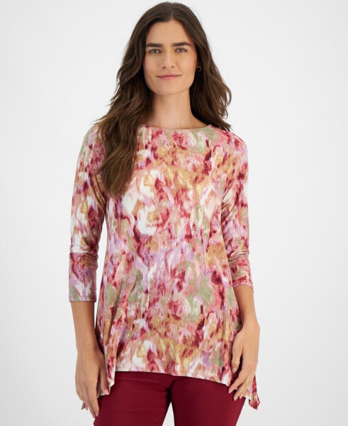 Petite Printed Jacquard 3/4-Sleeve Swing Top, Created for Macy's