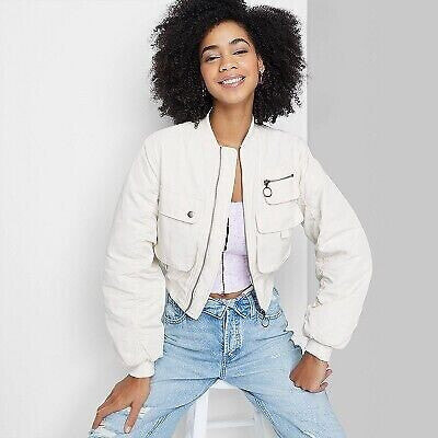 Women's Cargo Utility Cropped Bomber Jacket - Wild Fable Off-White XXS